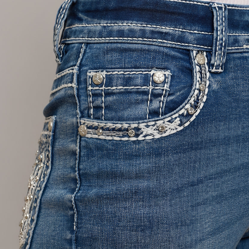 Skull Rider Women's Bootcut Bling Jeans. High Waisted Embroidered Western Denim - Boutique of Leathers/Open Road