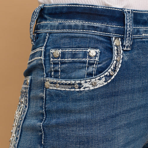 Skull Rider Women's Bootcut Bling Jeans. High Waisted Embroidered Western Denim