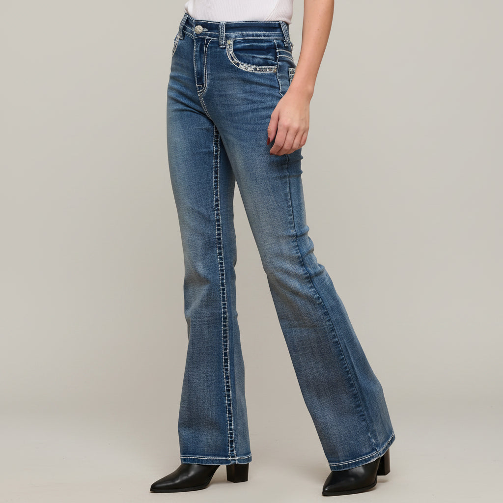 Skull Rider Women's Bootcut Bling Jeans. High Waisted Embroidered Western Denim - Boutique of Leathers/Open Road
