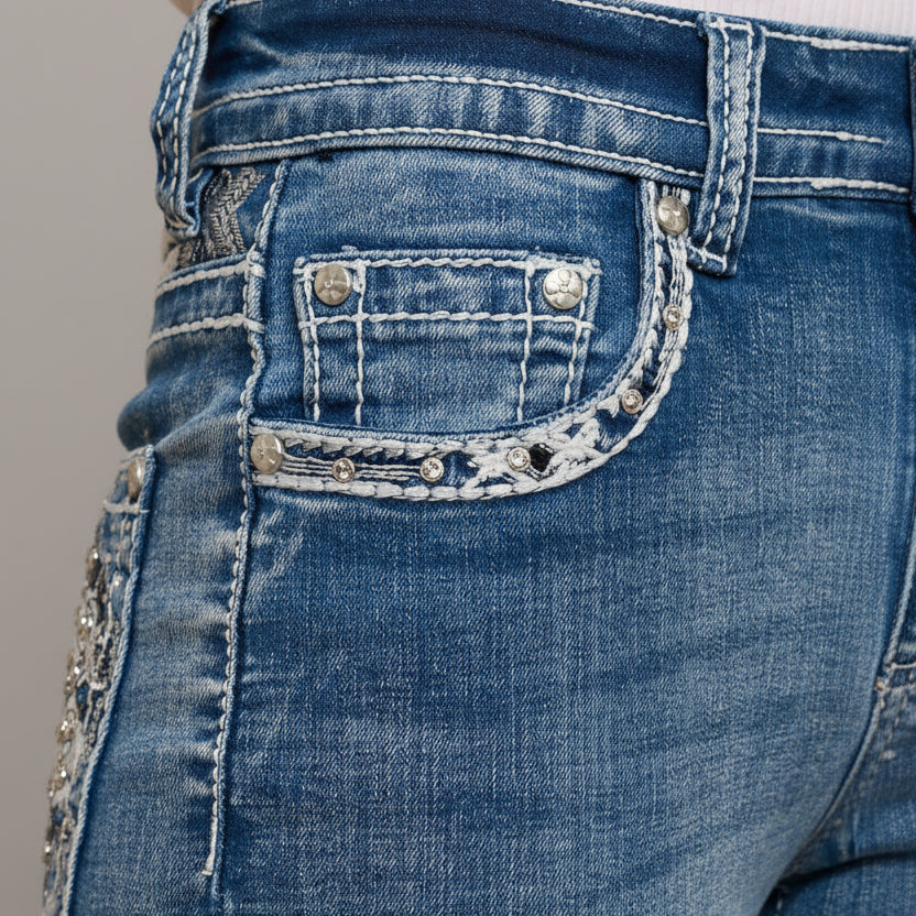 Skull Rider Women’s Skull & Rose Embroidered Bling Jeans. High Waisted Bootcut - Boutique of Leathers/Open Road
