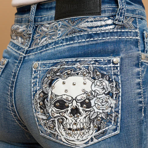 Skull Rider Women’s Skull & Rose Embroidered Bling Jeans. High Waisted Bootcut