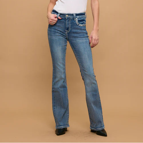 Skull Rider Women’s Skull & Rose Embroidered Bling Jeans. High Waisted Bootcut
