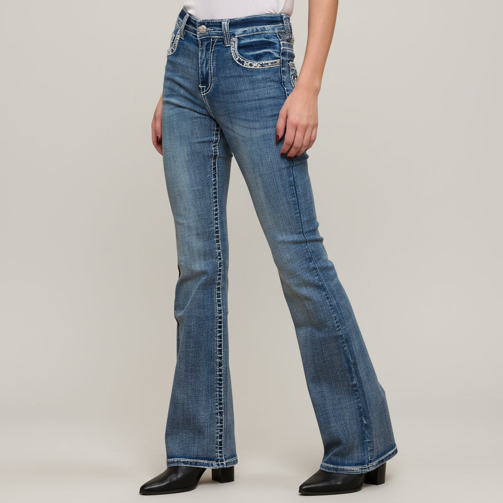Skull Rider Women’s Skull & Rose Embroidered Bling Jeans. High Waisted Bootcut - Boutique of Leathers/Open Road