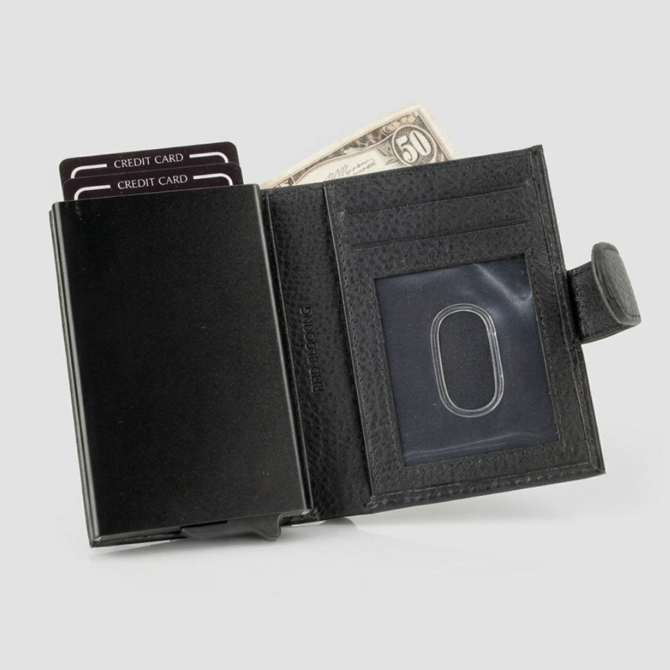 A black textured leather bi-fold wallet shown open on a white background, containing a credit card and a dollar bill.