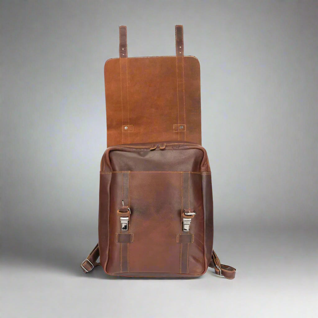 Greenwood Leather Vintage Laptop Backpack. Full-Grain Wax Leather with 16" Compartment - Boutique of Leathers/Open Road