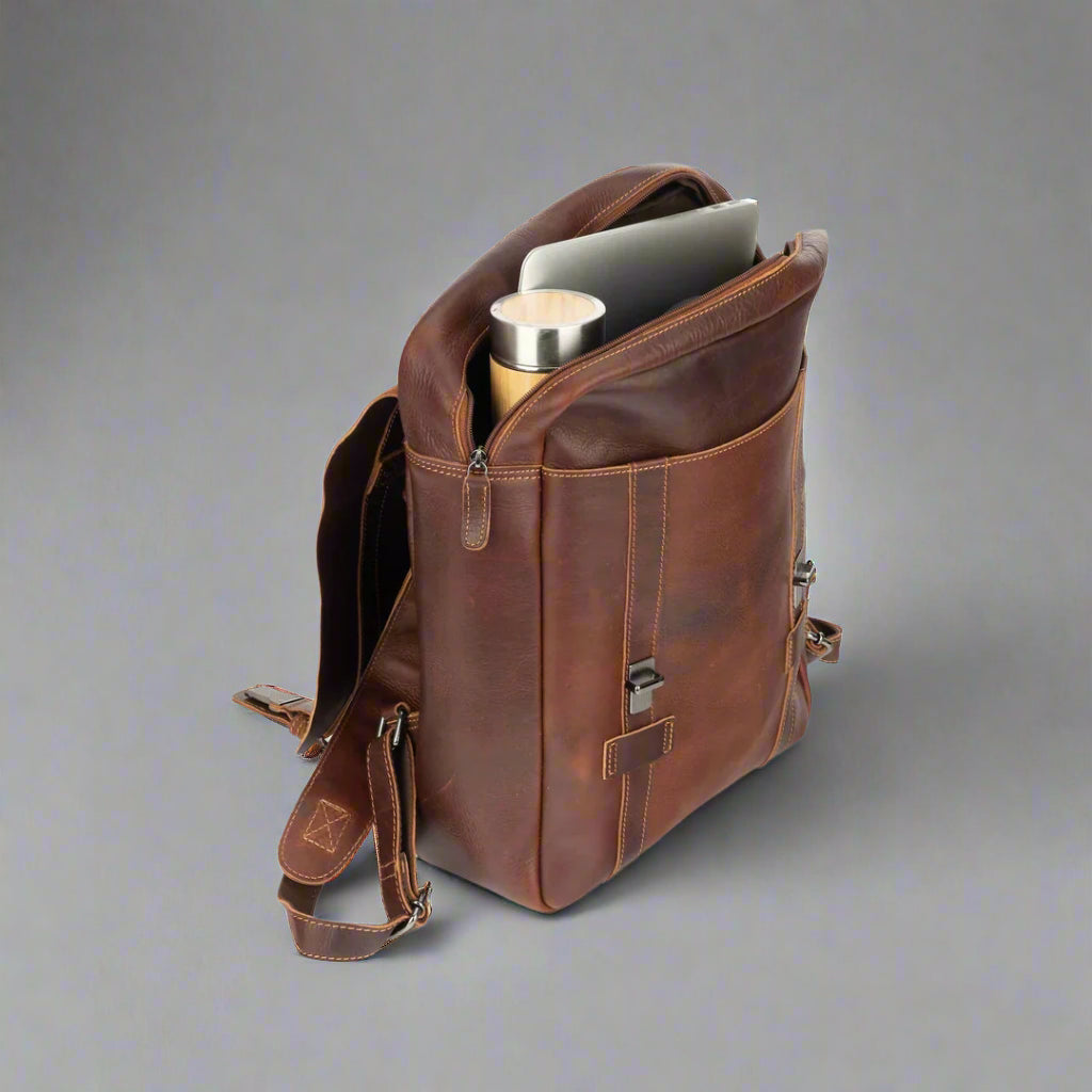 Greenwood Leather Vintage Laptop Backpack. Full-Grain Wax Leather with 16" Compartment - Boutique of Leathers/Open Road