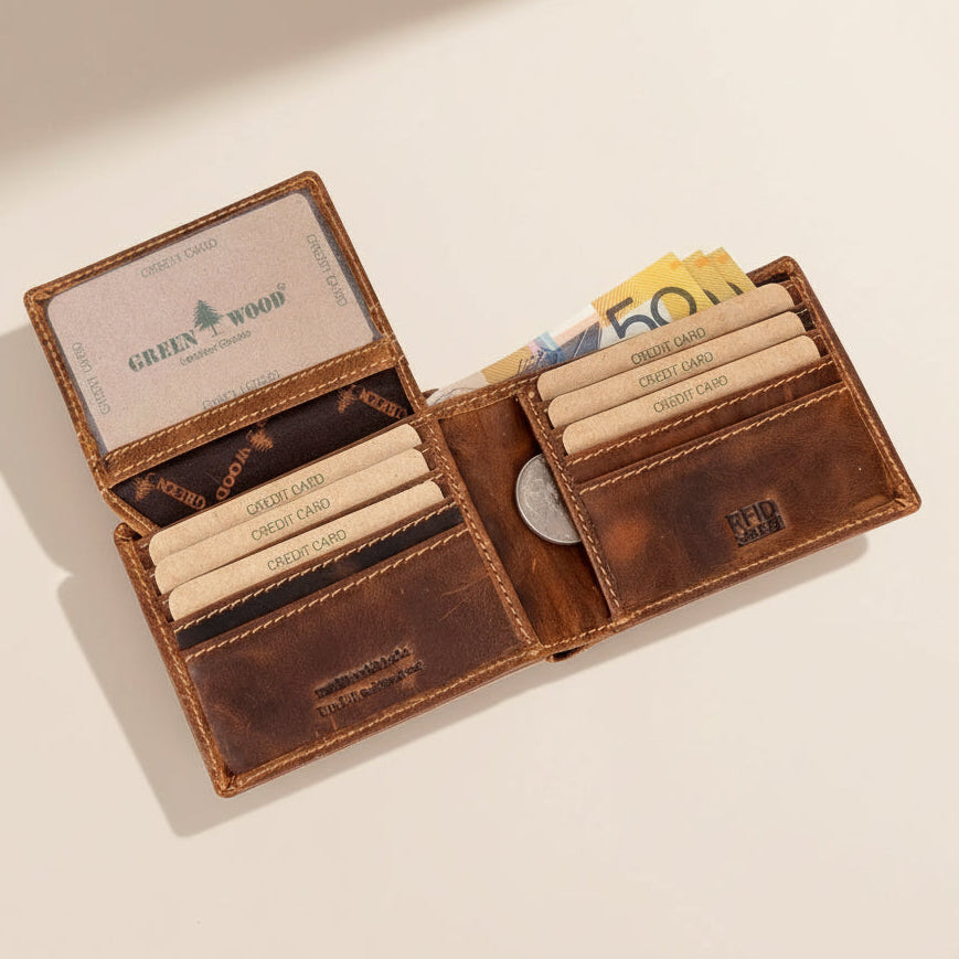 Greenwood Men's Leather Bifold Wallet. Premium RFID Protection Wallet with Flip Compartment - Boutique of Leathers/Open Road