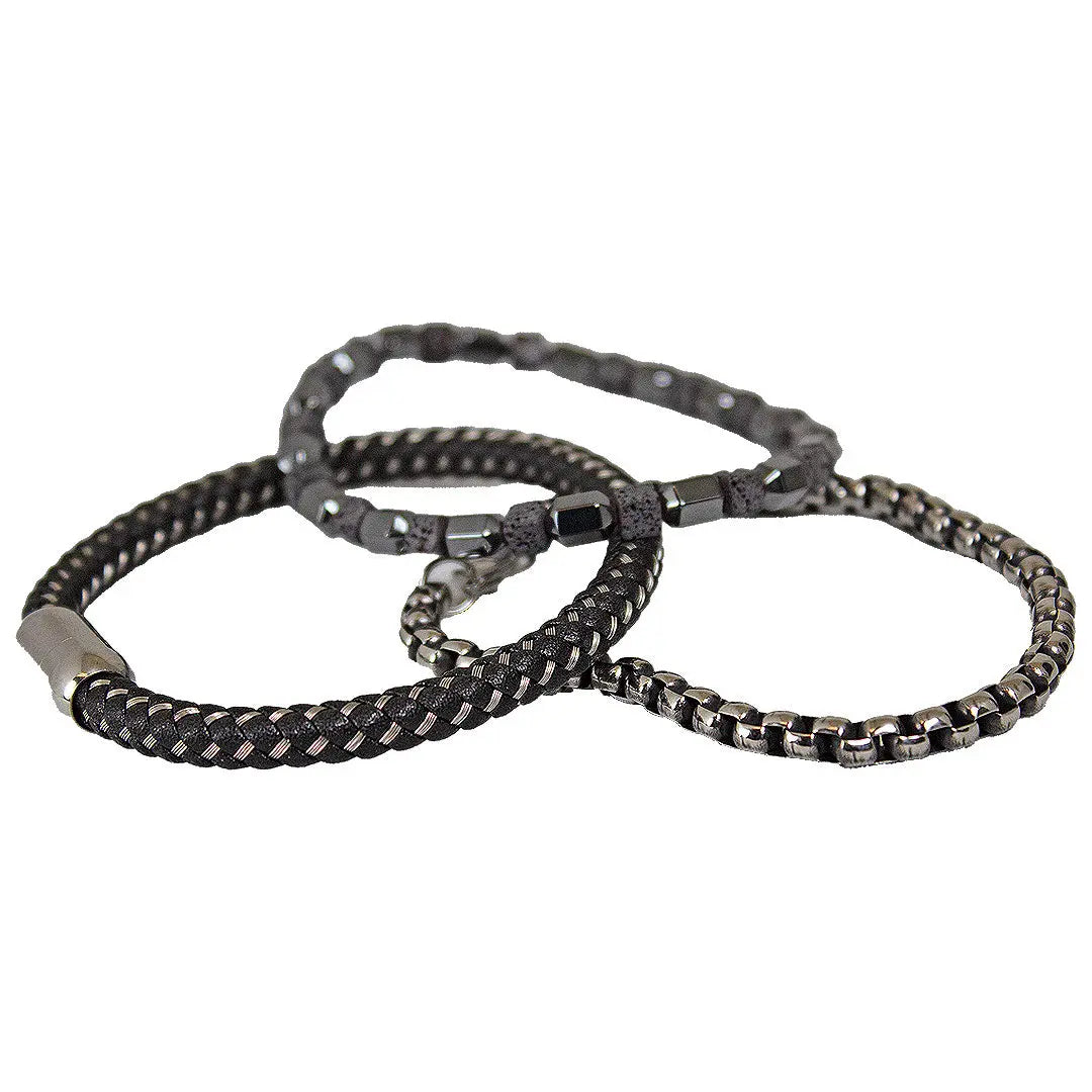 SteelTime Men's Black Leather and Stainless Steel Bracelets with Haematite and Lava Stone Men's Jewelry Boutique of Leathers/Open Road