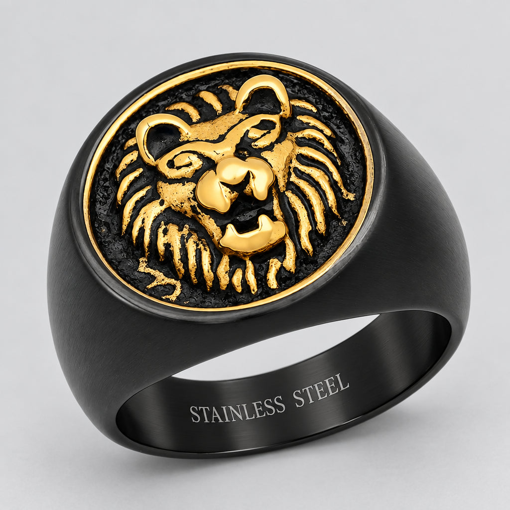 SteelTime Men's Black Stainless Steel Signet Ring with Gold Lion Men's Jewelry Boutique of Leathers/Open Road