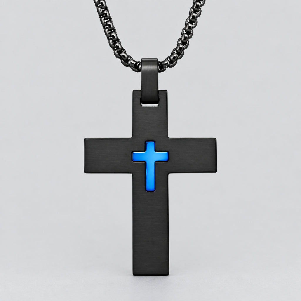 SteelTime Men's Black and Blue IP Stainless Steel Cross Men's Jewelry Boutique of Leathers/Open Road