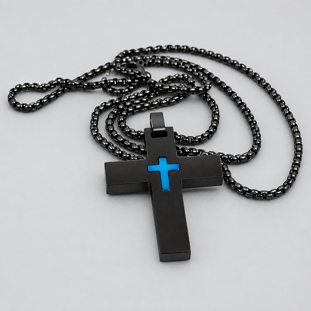 SteelTime Men's Black and Blue IP Stainless Steel Cross Men's Jewelry Boutique of Leathers/Open Road