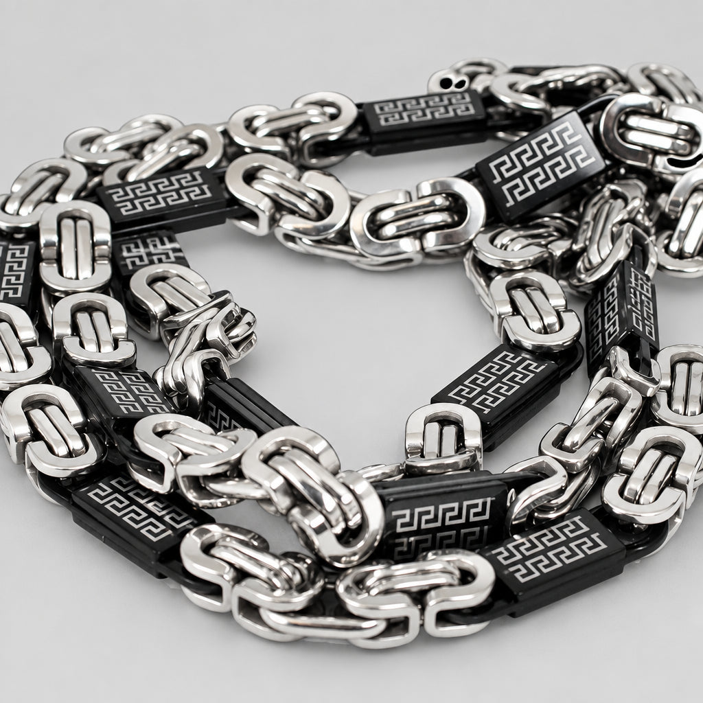 SteelTime Men's Two Tone Stainless Steel and Black IP Byzantine Necklace with Greek Key Accents Men's Jewelry Boutique of Leathers/Open Road
