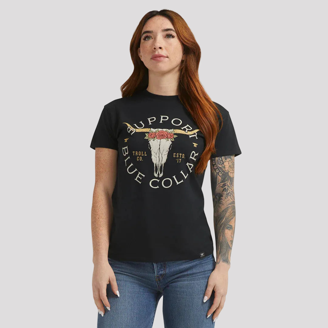 DHCM Women’s Support Blue Collar Longhorn T-Shirt. SBC Graphic Tee