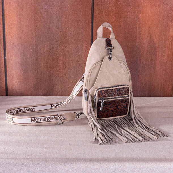 Montana West Tooled Fringe Sling Bag. Western PU Leather Floral Crossbody with Adjustable Strap - Boutique of Leathers/Open Road