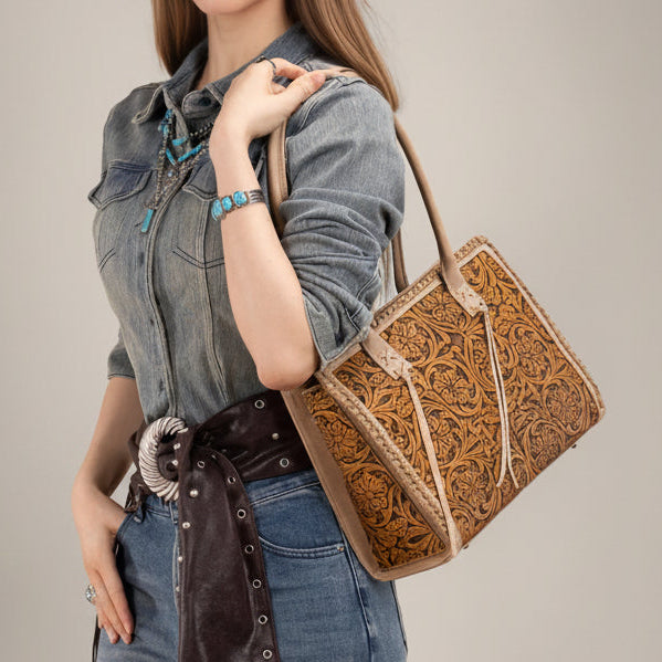 Montana West Vintage Tooled Tote Bag. Floral Embossed Western Handbag - Boutique of Leathers/Open Road