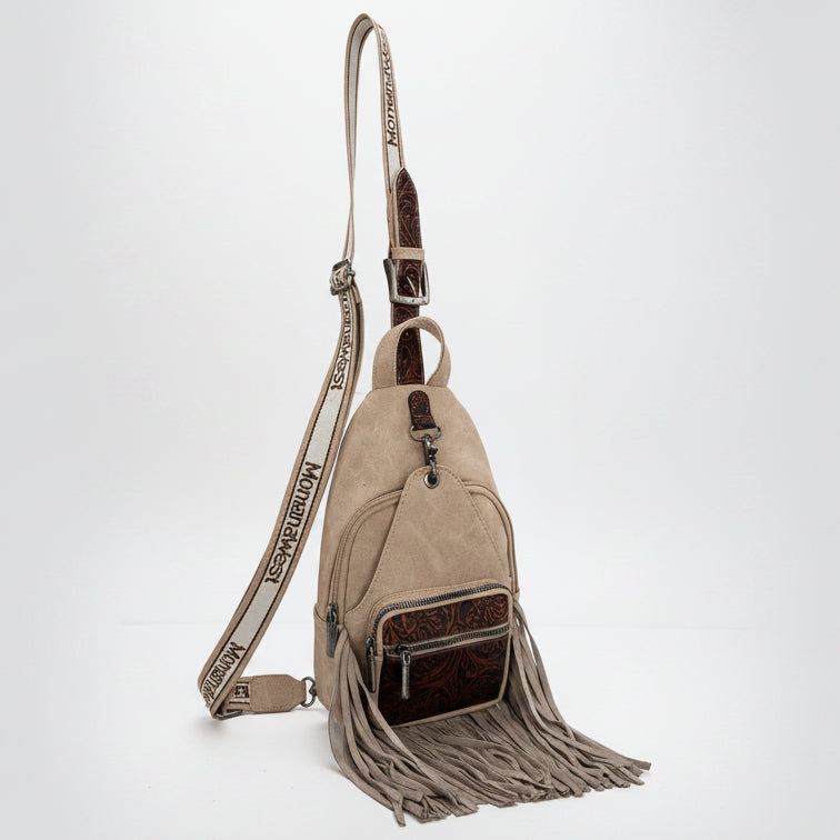 Montana West Tooled Fringe Sling Bag. Western PU Leather Floral Crossbody with Adjustable Strap - Boutique of Leathers/Open Road