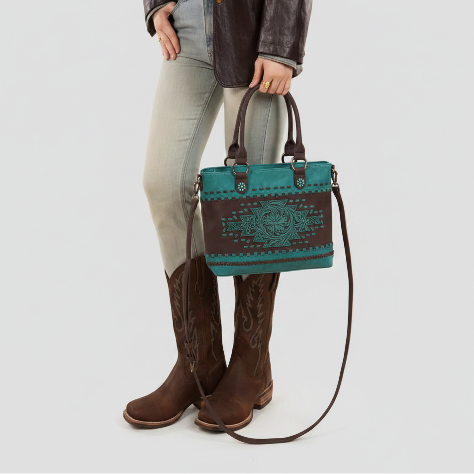Montana West Western Tooled Aztec Tote. Structured PU Leather Crossbody with Turquoise Accents - Boutique of Leathers/Open Road