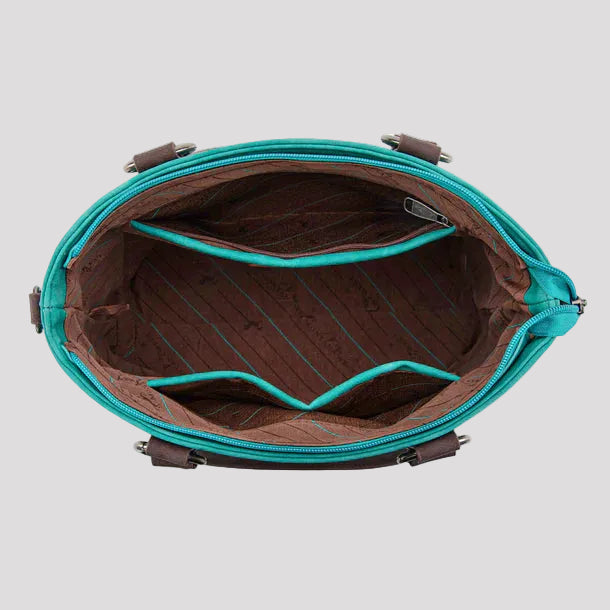 Montana West Western Tooled Aztec Tote. Structured PU Leather Crossbody with Turquoise Accents - Boutique of Leathers/Open Road