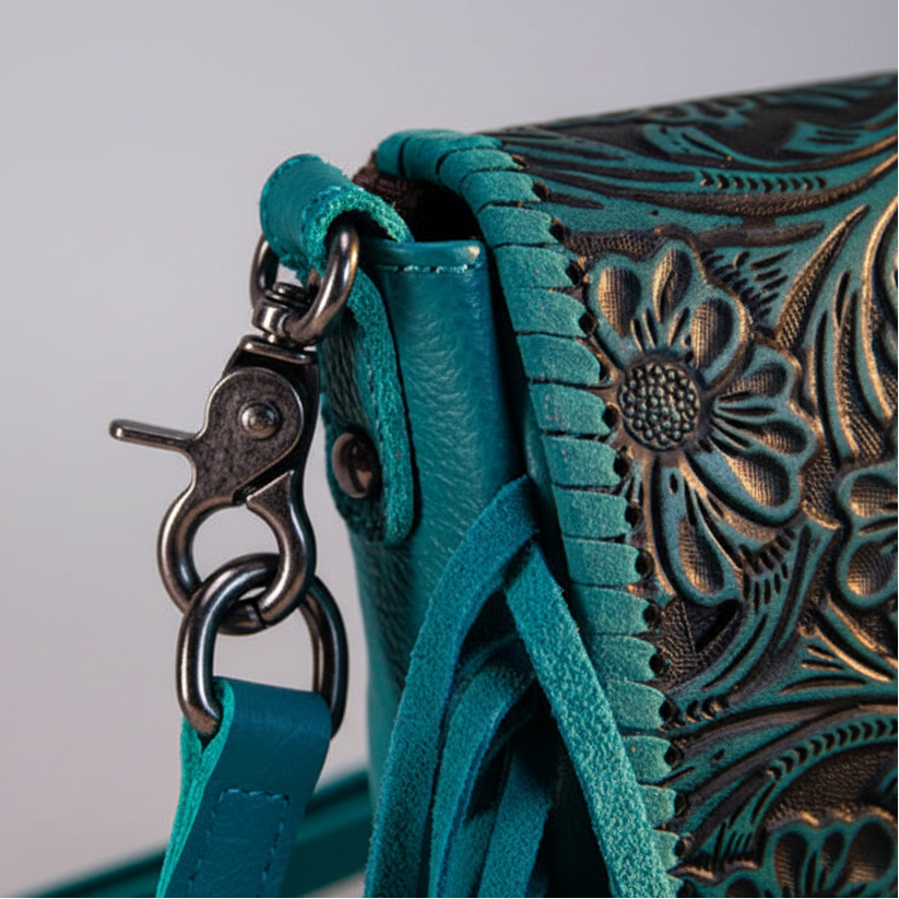 Montana West Vintage Tooled Leather Fringe Crossbody Bag. Floral Embossed Western Bag - Boutique of Leathers/Open Road