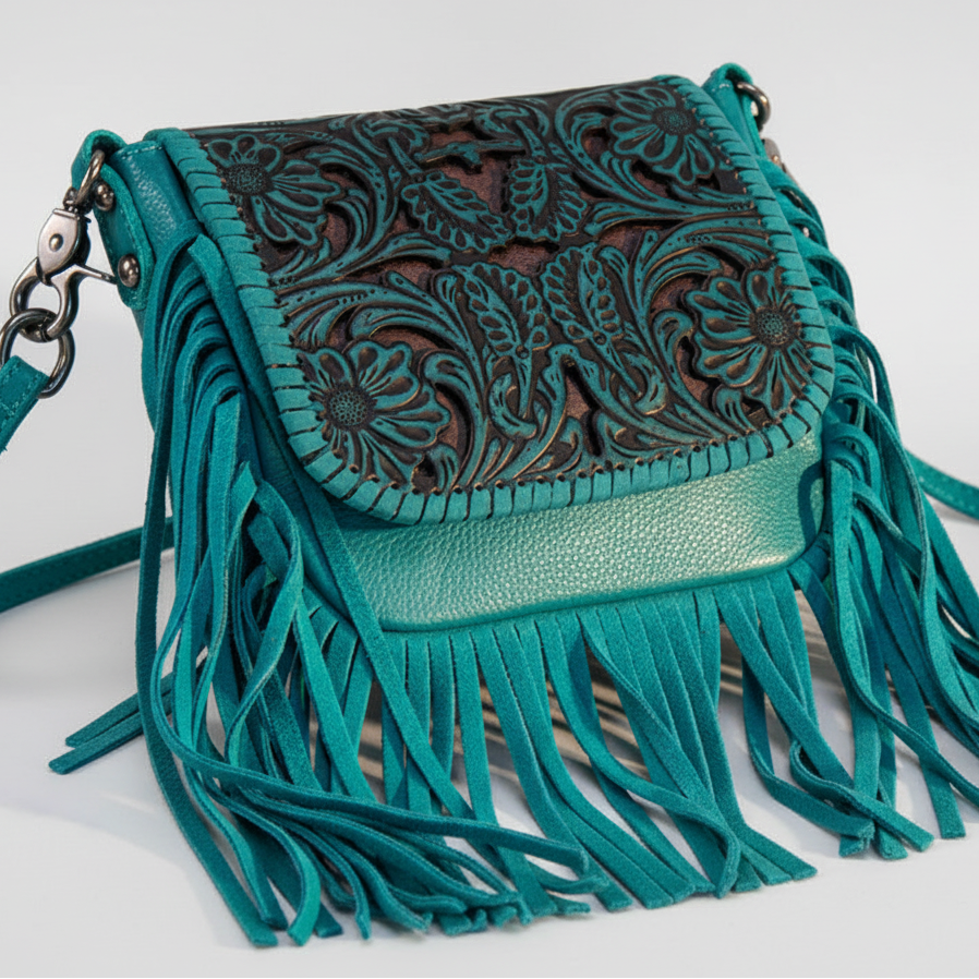 Montana West Vintage Tooled Leather Fringe Crossbody Bag. Floral Embossed Western Bag - Boutique of Leathers/Open Road