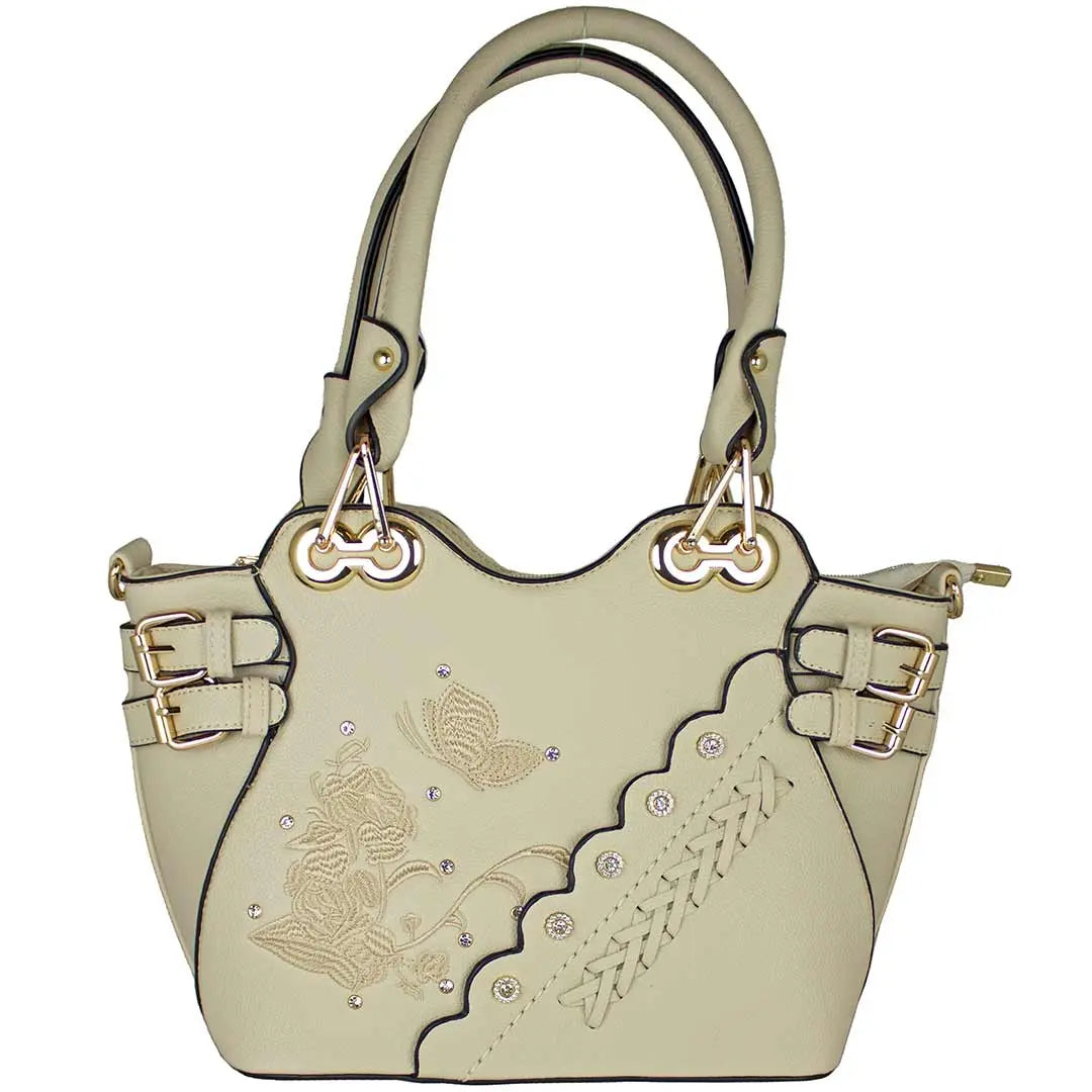 Temptation Italy Butterfly Embroidered Two Handle Satchel - Boutique of Leathers/Open Road