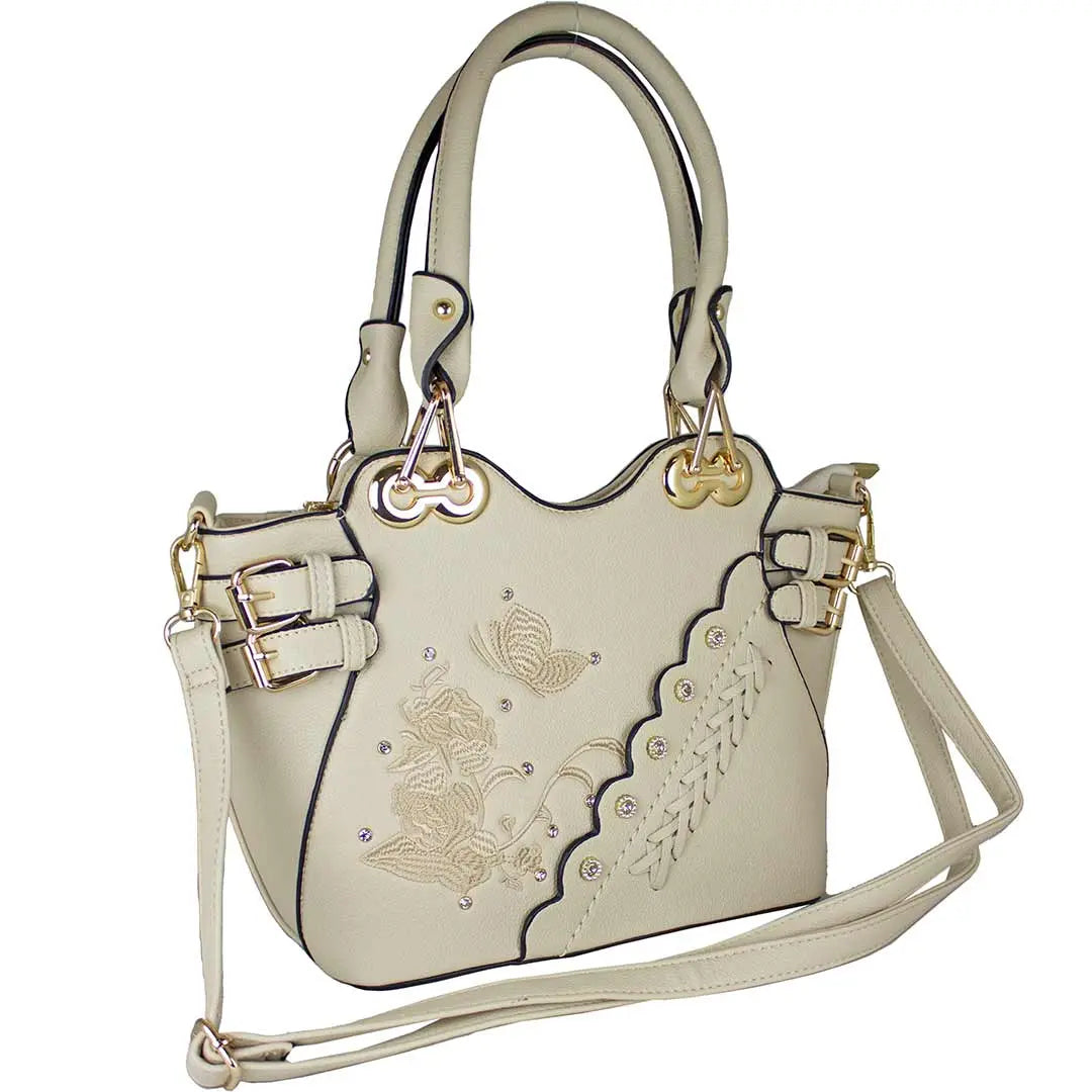 Temptation Italy Butterfly Embroidered Two Handle Satchel - Boutique of Leathers/Open Road