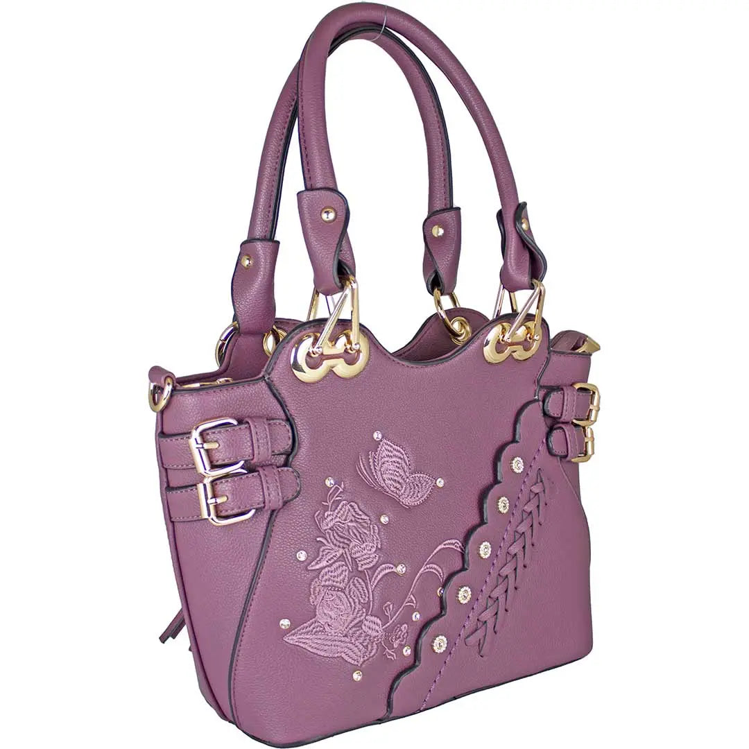 Temptation Italy Butterfly Embroidered Two Handle Satchel - Boutique of Leathers/Open Road