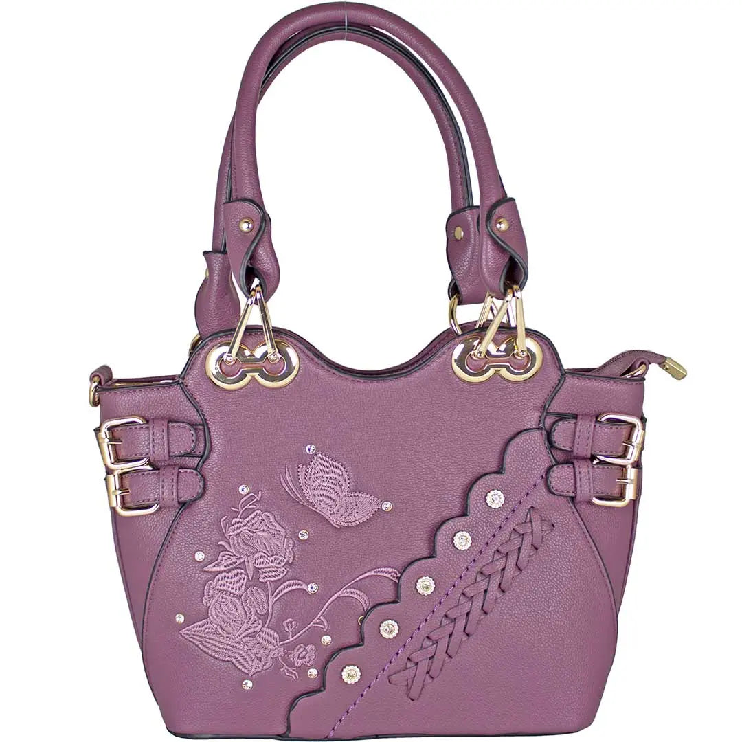 Temptation Italy Butterfly Embroidered Two Handle Satchel - Boutique of Leathers/Open Road