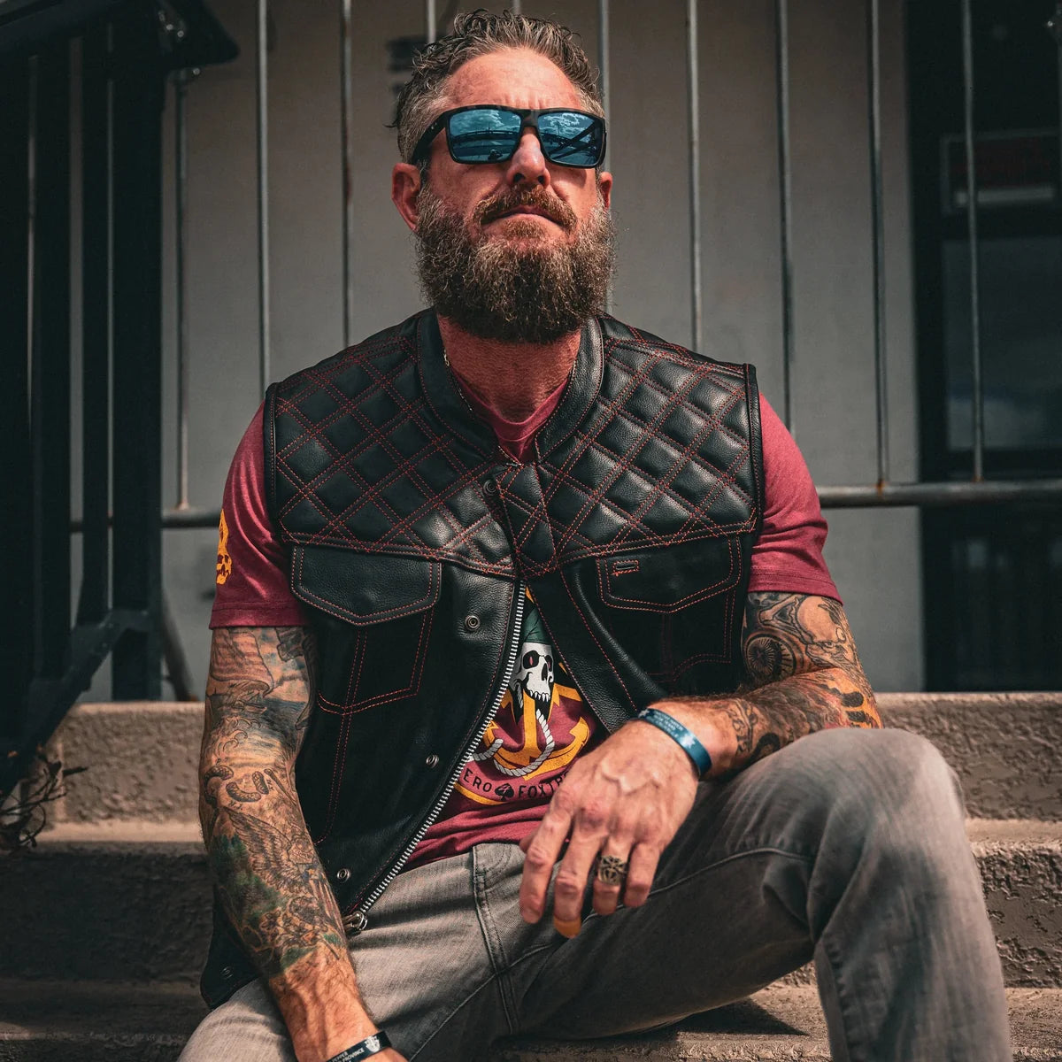 Open Road Men's Upside Leather with Red Stitched Diamonds Vest
