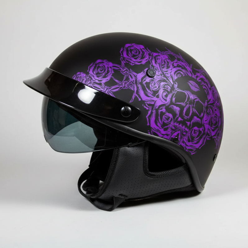 VOSS 707FRP Black Skull and Rose Half Helmet with Peak Motorcycle Helmets Boutique of Leathers/Open Road