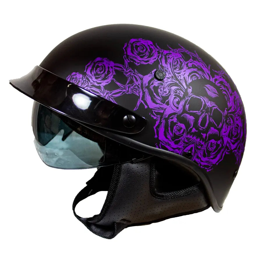 VOSS 707FRP Black Skull and Rose Half Helmet with Peak Motorcycle Helmets Boutique of Leathers/Open Road