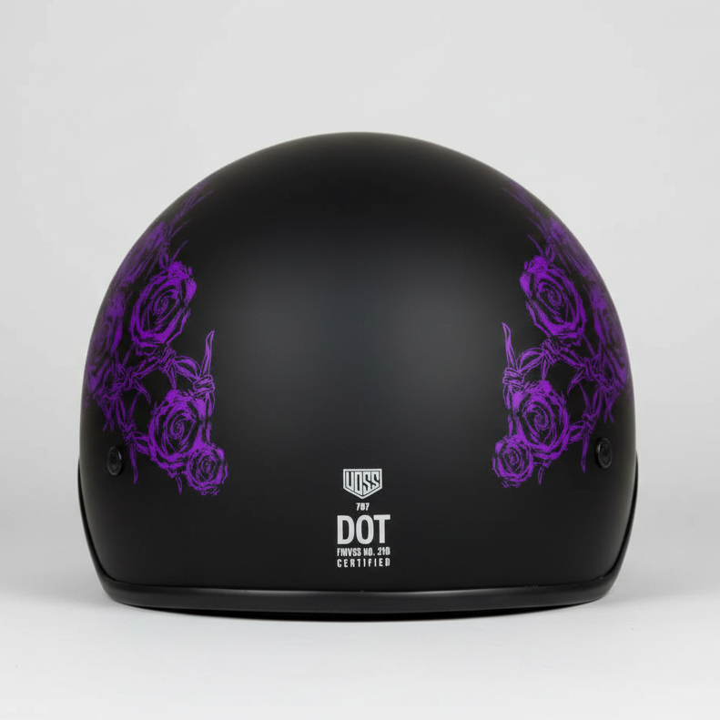 VOSS 707FRP Black Skull and Rose Half Helmet with Peak Motorcycle Helmets Boutique of Leathers/Open Road