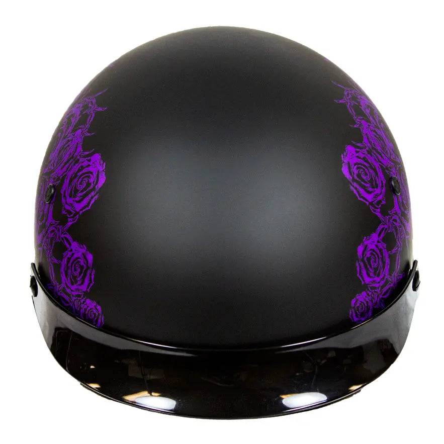 VOSS 707FRP Black Skull and Rose Half Helmet with Peak Motorcycle Helmets Boutique of Leathers/Open Road