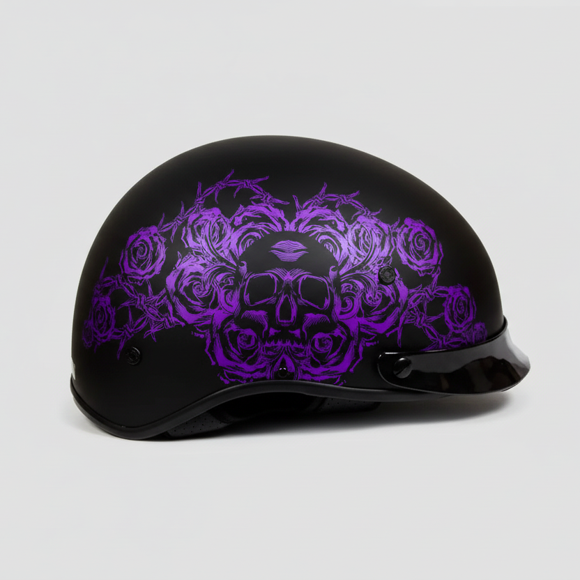 VOSS 707FRP Black Skull and Rose Half Helmet with Peak Motorcycle Helmets Boutique of Leathers/Open Road