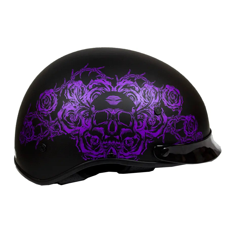 VOSS 707FRP Black Skull and Rose Half Helmet with Peak Motorcycle Helmets Boutique of Leathers/Open Road