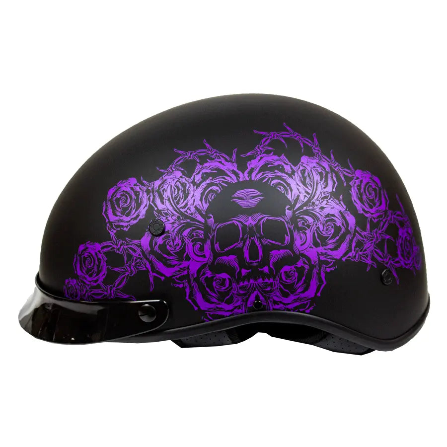 VOSS 707FRP Black Skull and Rose Half Helmet with Peak Motorcycle Helmets Boutique of Leathers/Open Road