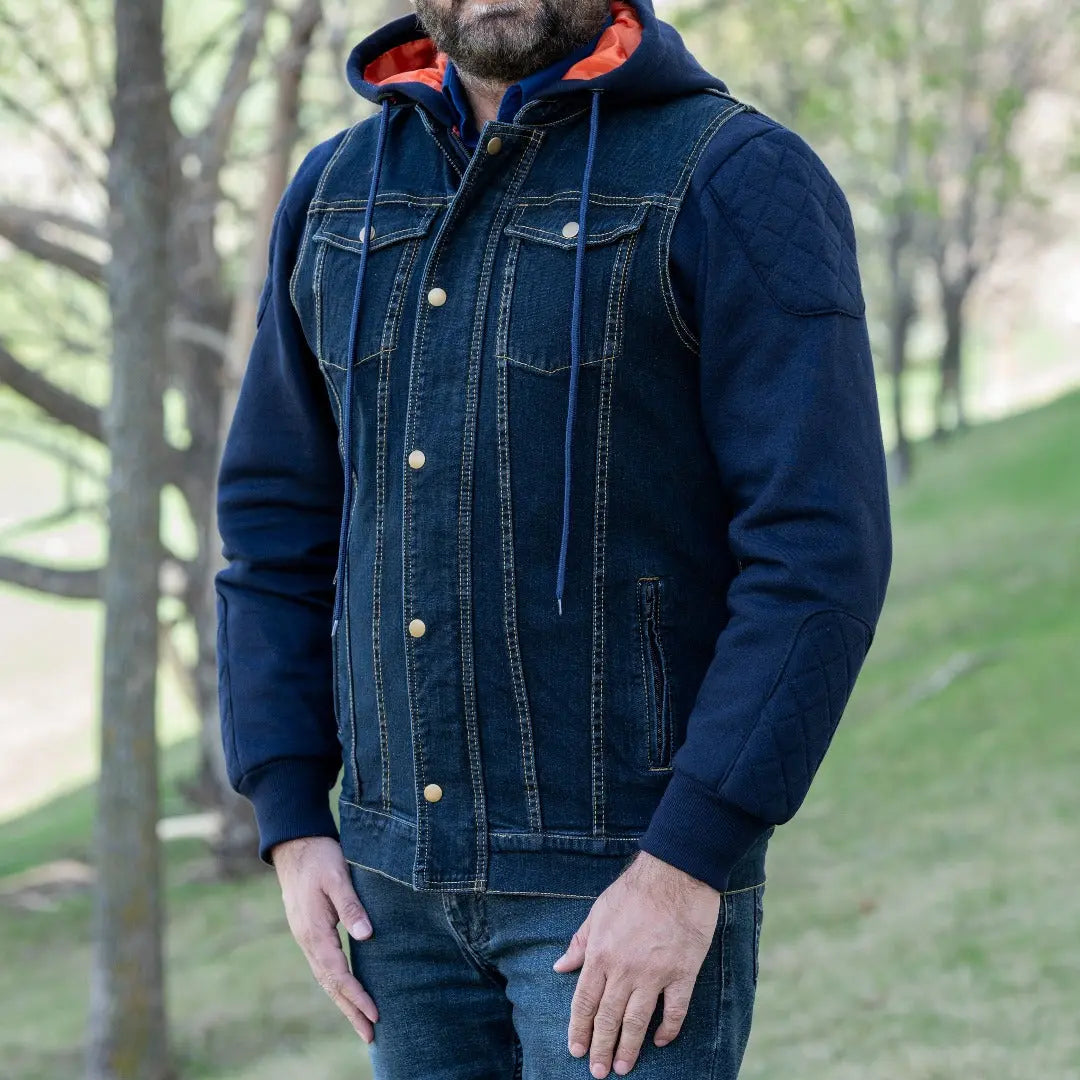 KAI-AAKMANN blue chambray zipper vest with 2024 hood