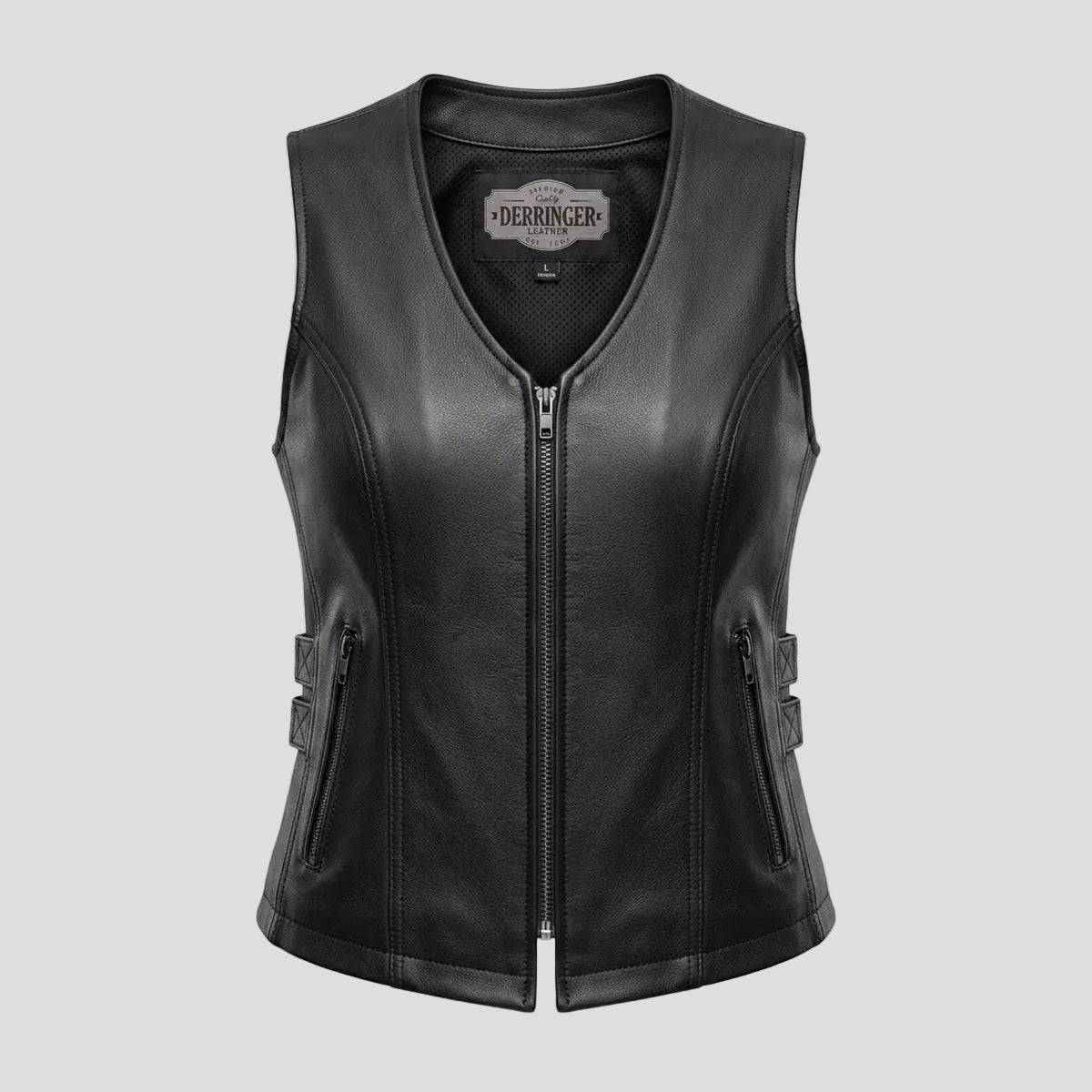 Black faux leather motorcycle vest with a front zipper, side zip pockets