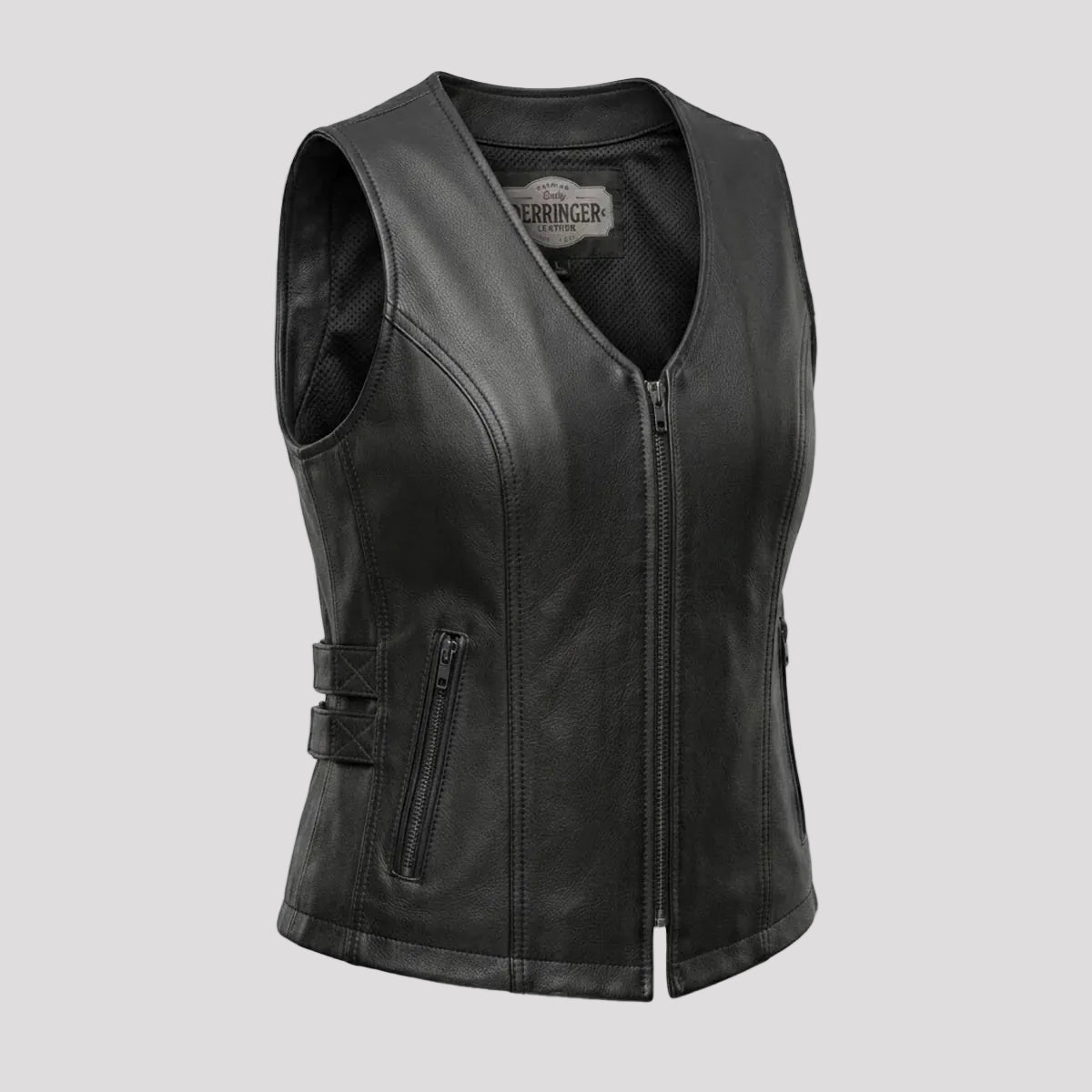 A black leather motorcycle vest with a front zipper, side zip pockets, and a mesh lining