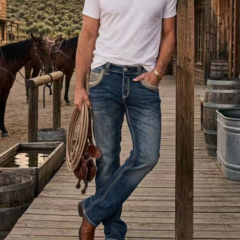 Eagle Warrior Men’s Premium Bootcut Jeans. Tribal Embroidered 7-Pocket Stretch Denim