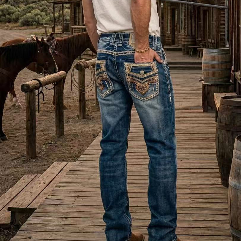 Eagle Warrior Men’s Premium Bootcut Jeans. Tribal Embroidered 7-Pocket Stretch Denim