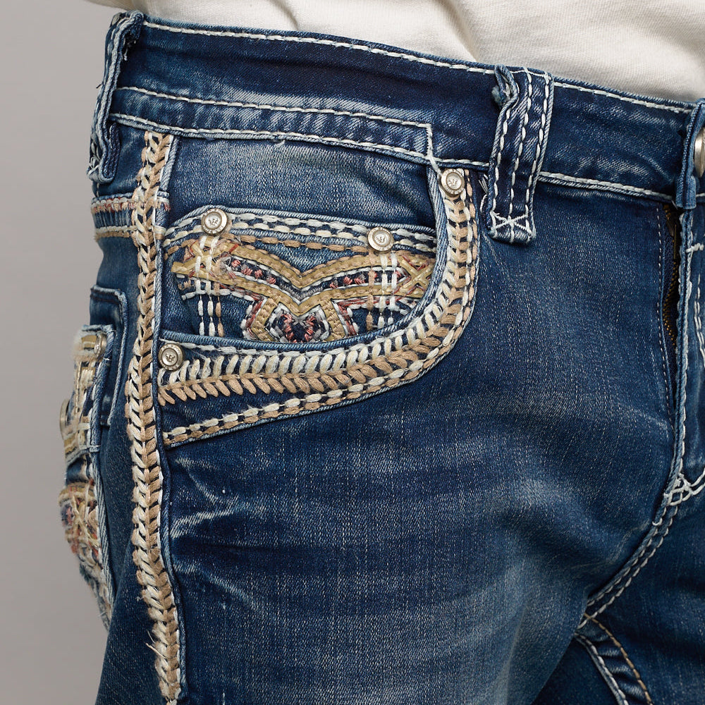 Eagle Warrior Men’s Premium Bootcut Jeans. Tribal Embroidered 7-Pocket Stretch Denim