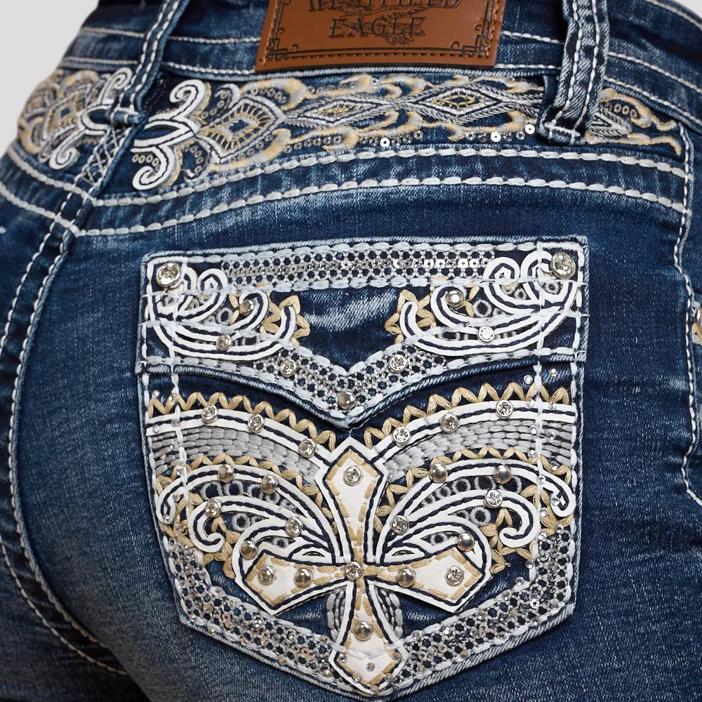 Westfield Eagle Women’s Embroidered Denim Shorts. High Waisted Cross Design Bling - Boutique of Leathers/Open Road