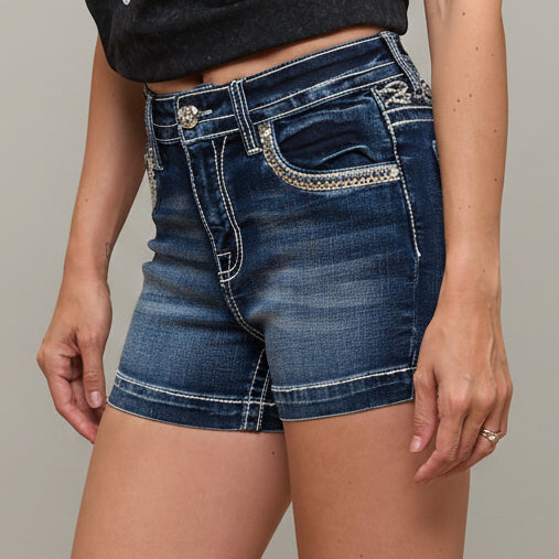 Westfield Eagle Women’s Embroidered Denim Shorts. High Waisted Cross Design Bling - Boutique of Leathers/Open Road