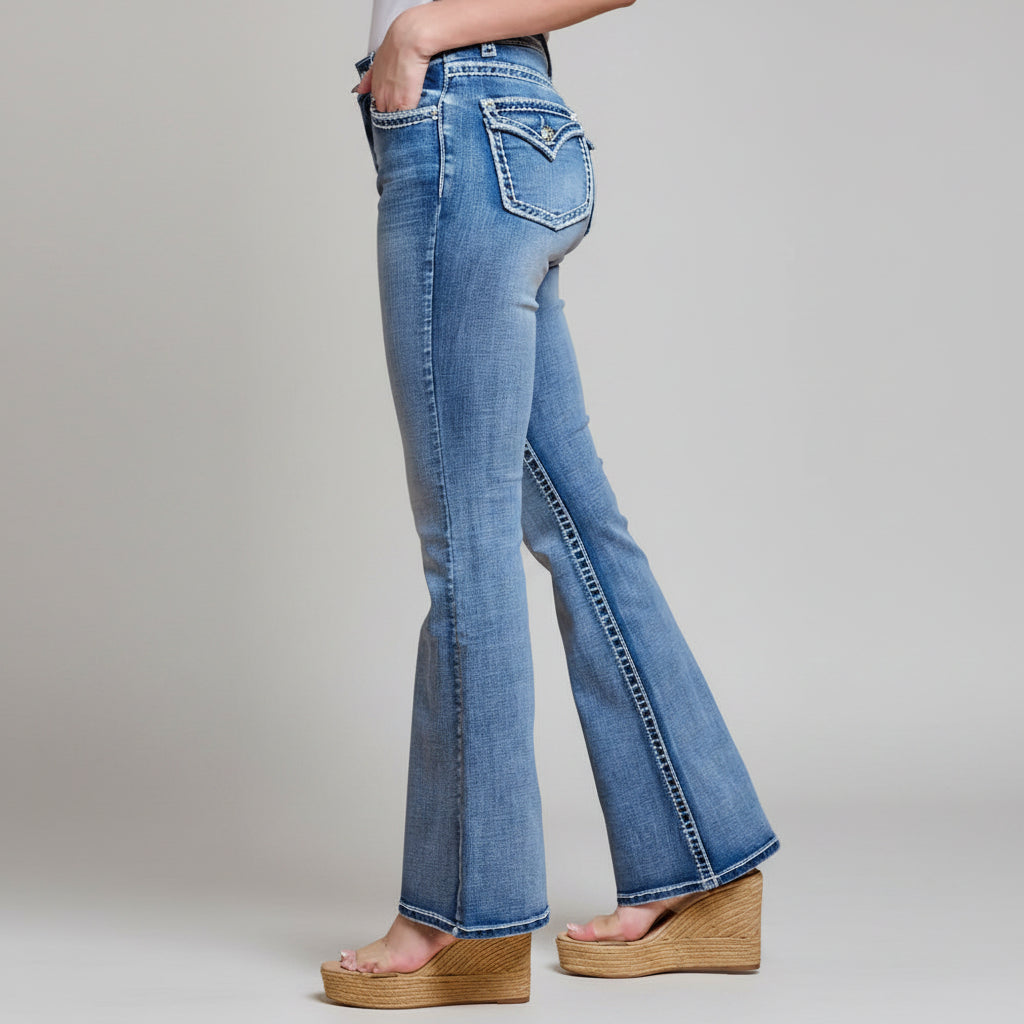 Westfield Eagle Women’s Embroidered Bootcut Jeans. High Waisted Saddle Stitch Stretch Denim - Boutique of Leathers/Open Road