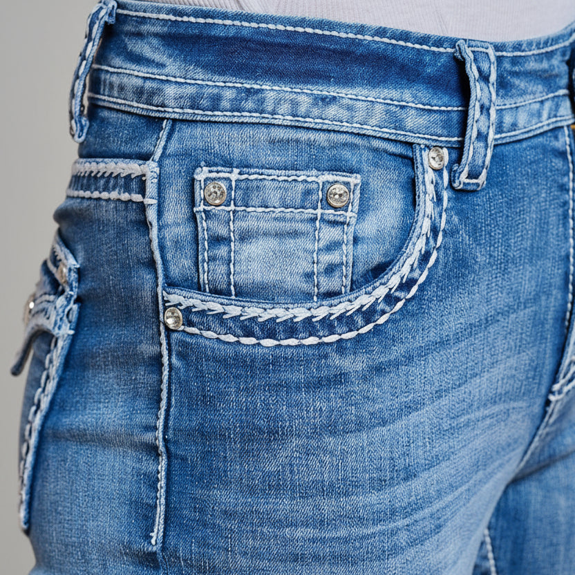 Westfield Eagle Women’s Embroidered Bootcut Jeans. High Waisted Saddle Stitch Stretch Denim - Boutique of Leathers/Open Road