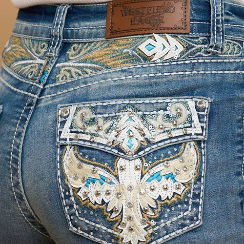 Westfield Eagle Women’s Embroidered Bootcut Jeans. High Waisted Eagle Bling Denim