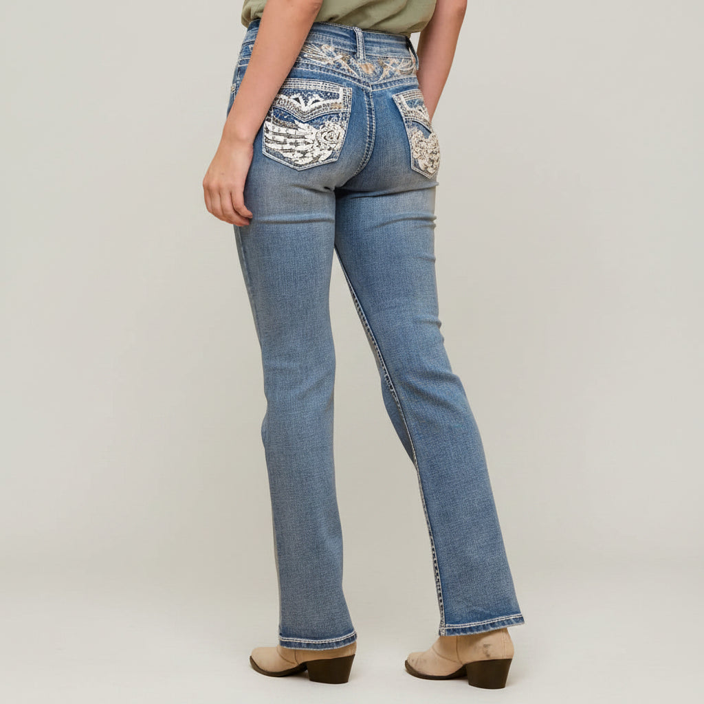 Westfield Eagle Women’s Embroidered Bootcut Jeans. Wings & Rose Bling Denim - Boutique of Leathers/Open Road