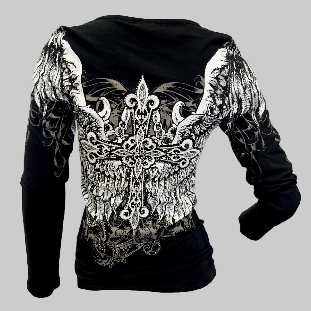 Women's Angel Wings Cross Long Sleeve Top - Boutique of Leathers/Open Road