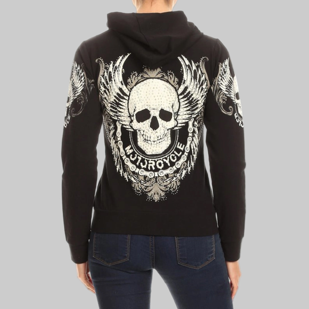 Women's Motorcycle Zip Up Hoodie with Rhinestone Skull & Wings - Boutique of Leathers/Open Road